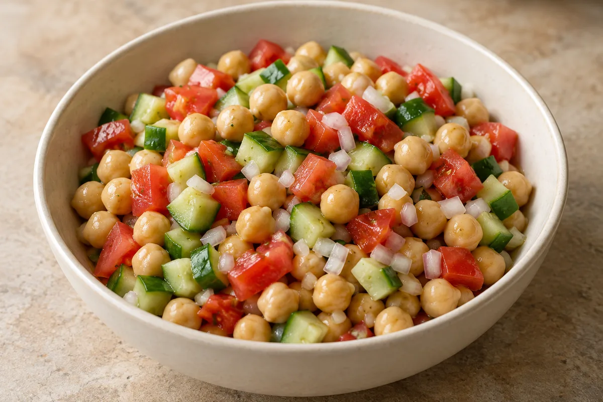 Ensalada de garbanzos con tomate, pepino y cebolla en un bol