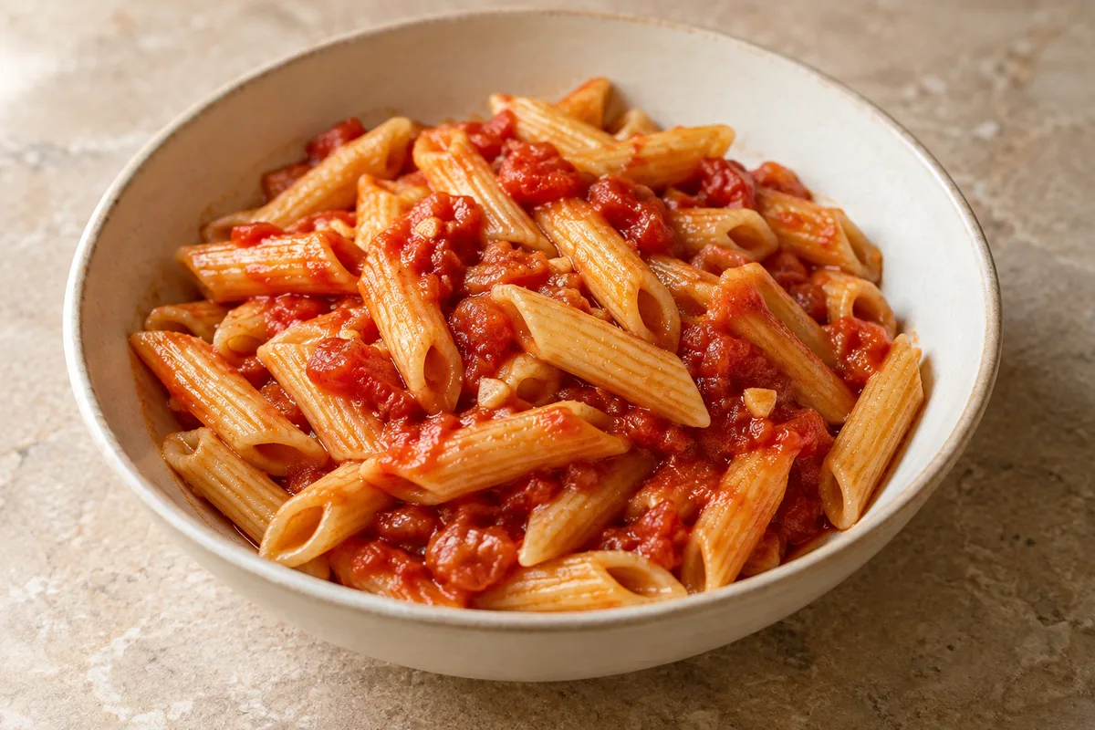Fideos cortos con salsa casera de tomate y ajo
