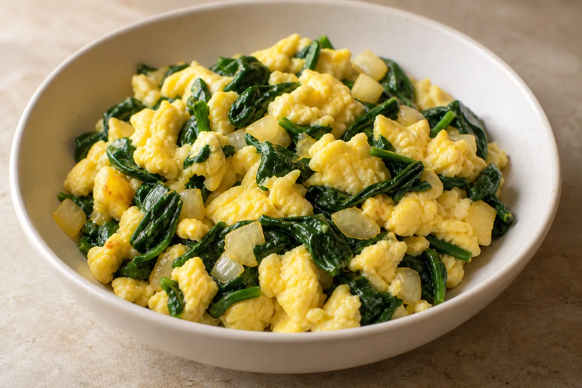 Huevos revueltos con hojas de espinaca y cebolla