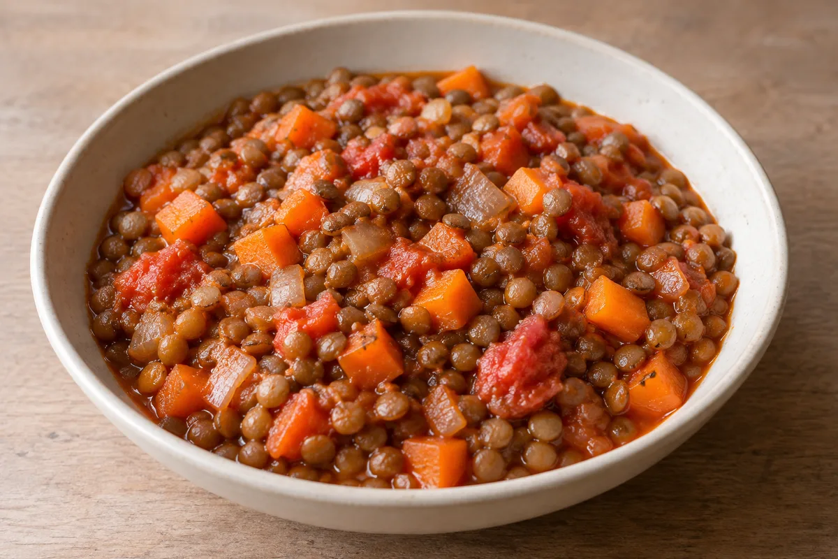 Lentejas con tomate, zanahoria y cebolla servidas en un bol