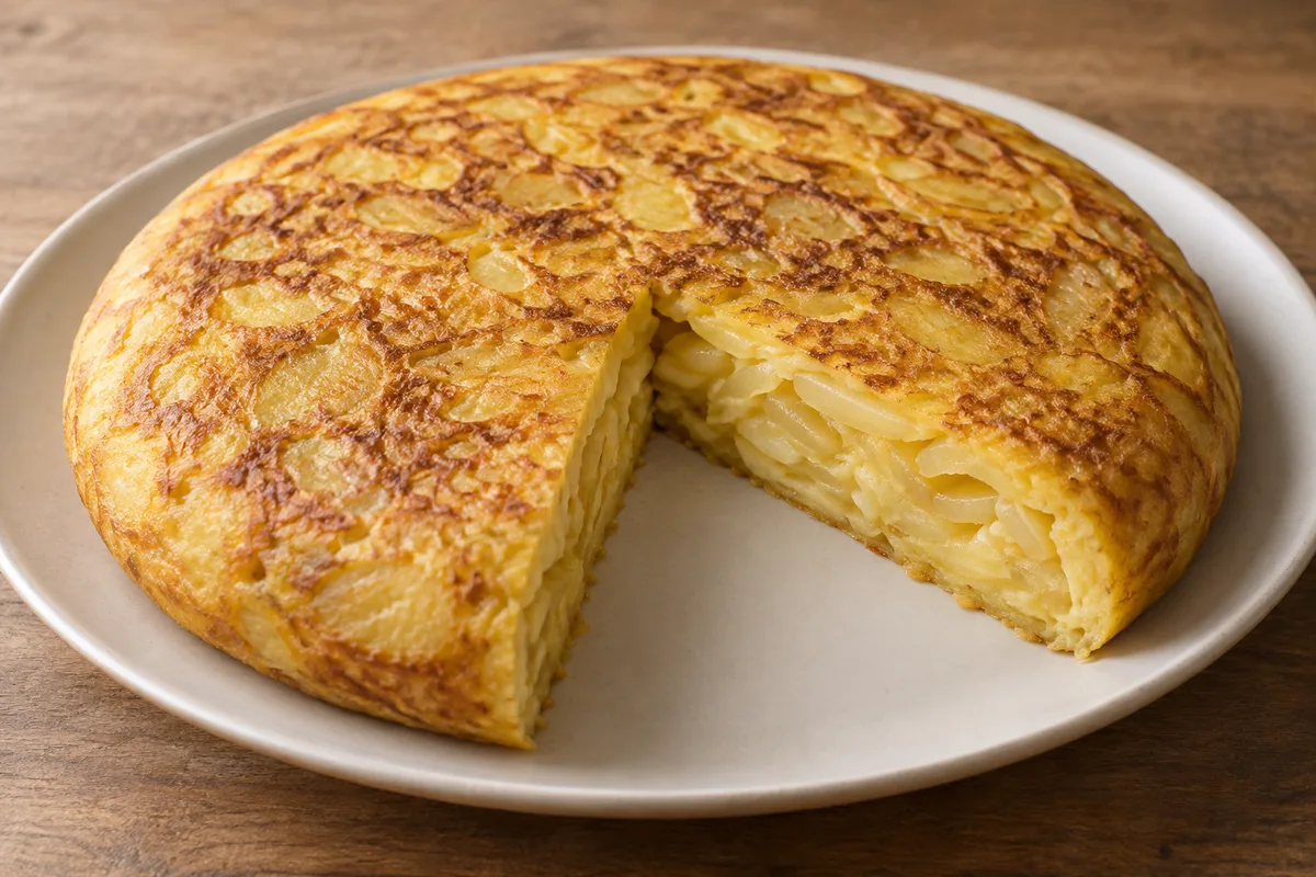 Tortilla de papa dorada con una porción cortada