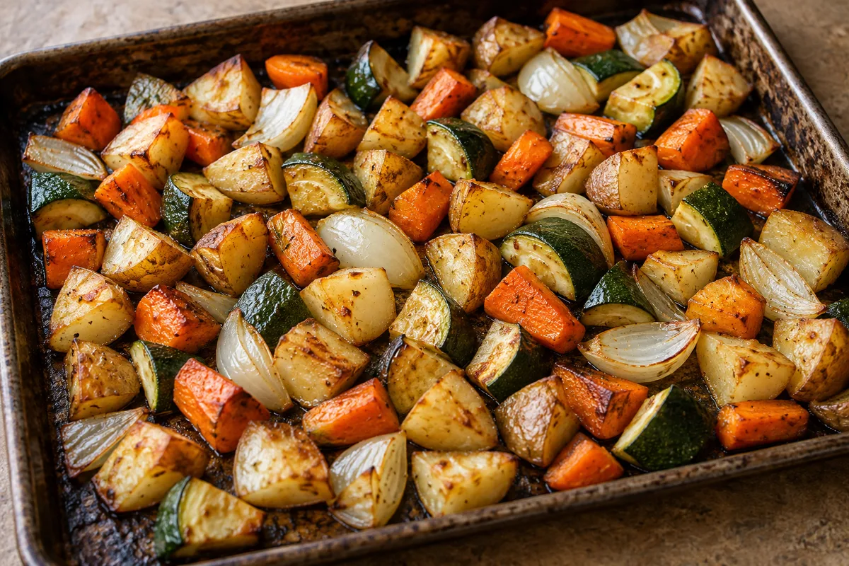 Papas, zanahorias, zucchini y cebollas asadas en una fuente